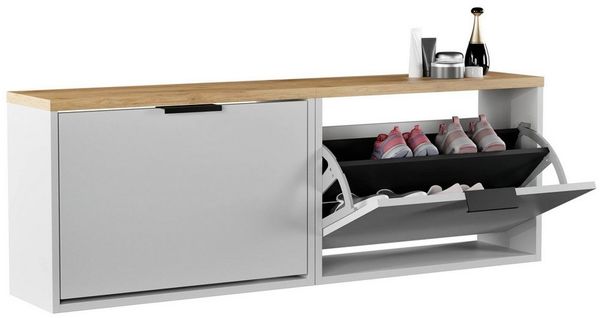 Planetmöbel 2 x Schuhschrank schmal mit 1 Klappe platzsparender Schuhregal mit 2 Ablagen, Schuhkommode für Diele, Flur, Garderobe 60 x 23 x 42,5 cm, weiß grau