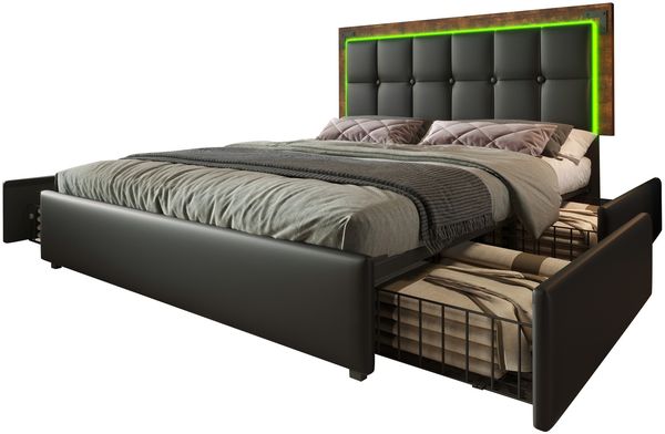 Polsterbett 140x200 cm mit LED-Beleuchtung, 4 Schubladen und verstellbarem Kopfteil, PU Schwarz,Es gibt eine Matratze.