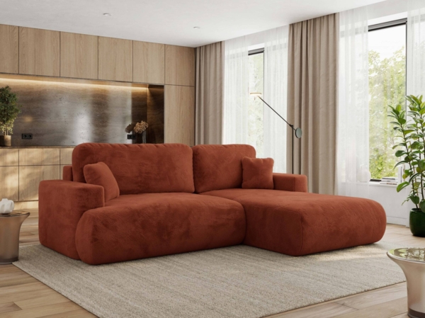 Ecksofa OVO mit schlaffunktion und bettkasten, Wellenfeder, lose Kissen, L-form 271x195 cm - Orange Plüsch - rechte Seite