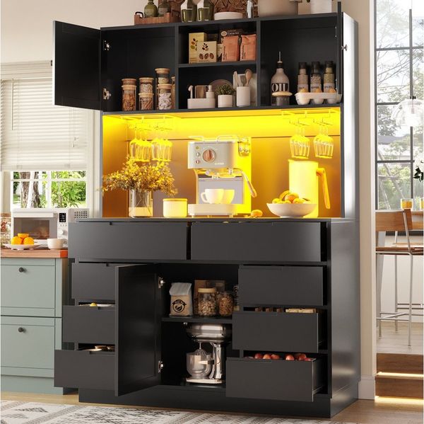 Flieks Küchenbuffet mit LED-Beleuchtung, Gläserhalter, 8 Schubladen und 3 Türen (1-St, B120/T40/H183,5 cm) Hochschrank Küchenschrank Geschirrschrank mit verstellbaren Ablagen