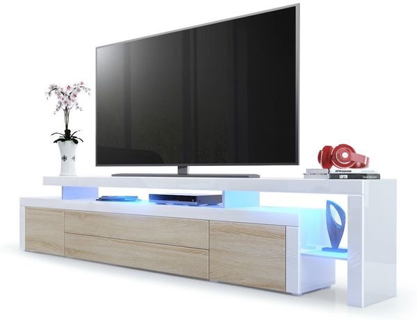 TV Board Lowboard Leon V3, Korpus und Überbau in Weiß Hochglanz / Front in Eiche sägerau mit Rahmen in Weiß Hochglanz inkl. LED Beleuchtung (227 x 52 x 35 cm)