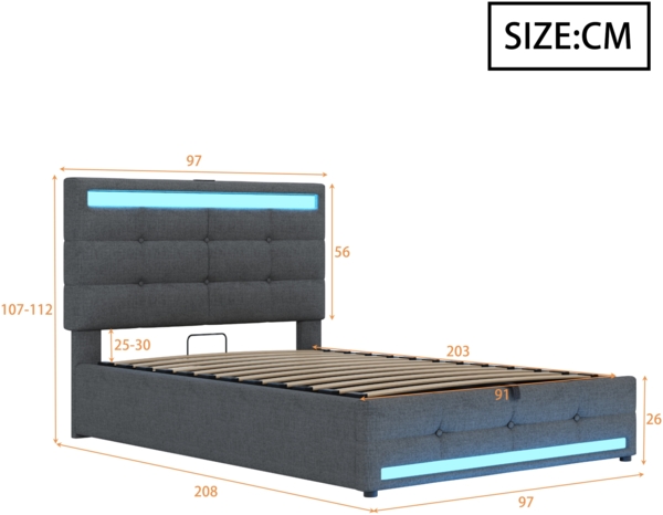 Merax Polsterbett 90x200cm mit 2 USB, Boxspringbett Einzelbett mit Stauraum und Lattenrost, Jugendbett mit Led, Funktionsbett, Leinen, Grau Bild 4