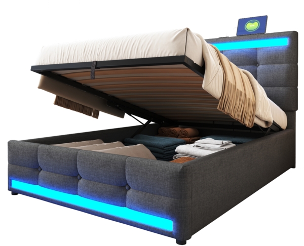 Merax Polsterbett 90x200cm mit 2 USB, Boxspringbett Einzelbett mit Stauraum und Lattenrost, Jugendbett mit Led, Funktionsbett, Leinen, Grau Bild 10