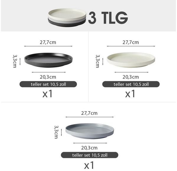JIWOO Teller 4er Ø27,7cm, Speiseteller Steakteller Dessertteller Brotteller Plate, (3 St), Keramik Hochwertiges Tellerset Bunt Mikrowellen spülmaschinenfest