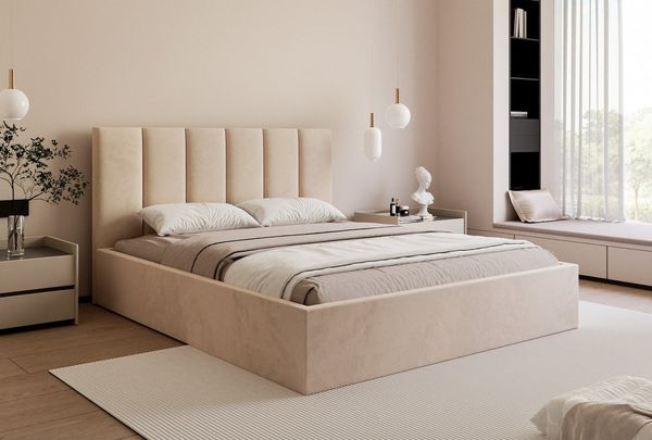 Goldstoff Polsterbett "SAINT" mit Stauraum & elegantem Kopfteil - modernes Stauraumbett (mit Bettkasten, 120–200x200 cm, Kopfteilhöhe 90/110 cm, Seitenhöhe: 30 cm), Elegantes Polsterbett mit Stauraum & komfortabel gepolstertem Kopfteil