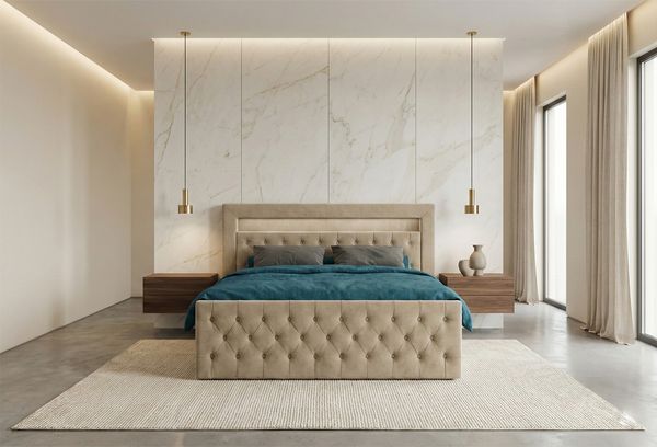 MEBLINI Boxspringbett GARDA 180x200 cm mit Bettkasten und LED – H3/Beige Samt Polsterbett - Gepolstert Doppelbett mit Matratze und Topper - Polsterbett mit Stauraum - Bett mit Kopfteil – Stauraumbett