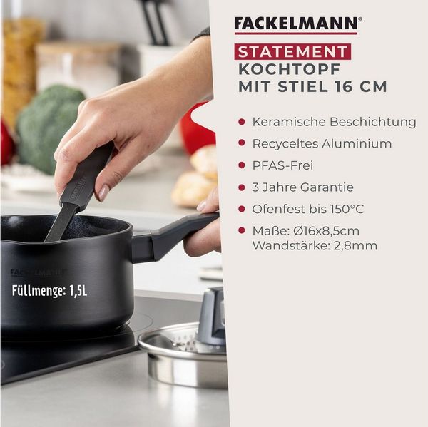 Fackelmann Kochtopf 16cm mit Stiel Statement – Topf mit keramischer Beschichtung – Recyceltes Aluminium, Antihaft-Beschichtung, hitzebeständig – Inkl. Glasdeckel – Für alle Herdarten inkl. Induktion