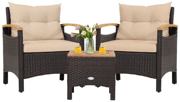 KOMFOTTEU Balkonset, aus PE-Rattan mit Kaffeetisch, aus Akazienholz