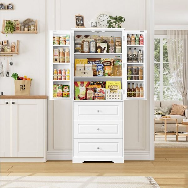 Homfa Mehrzweckschrank Küchenschrank Vorratsschrank Buffetschrank Speiseschrank mit 8 Türregalen, 2 Schubladen, 60x40x150cm
