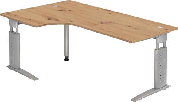 bümö höhenverstellbarer Eckschreibtisch U-Serie 200x120 Asteiche, Gestell in Silber - Schreibtisch L Form, großer Tisch für's Büro, Computertisch höhenverstellbar, US-82-R-S