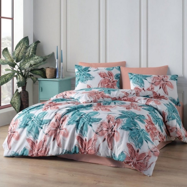 Buymax Bettwäsche Bettbezug-Set Trendy, Renforce: 100% Baumwolle, 3 teilig, 200x200 cm, Reißverschluss, hochwertig, Weiß, Türkis, Altrosa