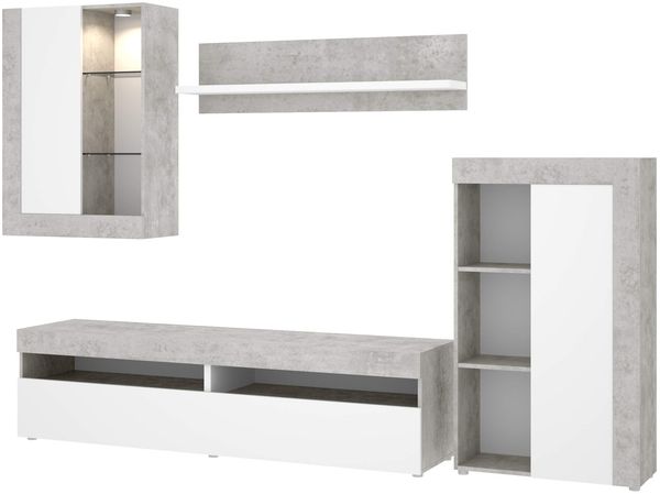 DEKIT GRUPO RIMOBEL Tokio TV-Möbel mit Vitrine, LED, 180 x 265 x 42 cm, Weiß/Zement