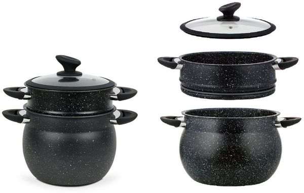 alesvelt Dampfgartopf Sahra 3 tlg. Couscoussiere Kuskus Topfset Dampfgarer 4,2L - 15L, Aluminium, Induktion, mit Glasdeckel, Dampfkochtopf