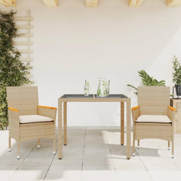 vidaXL 3-tlg. Garten-Essgruppe mit Kissen Beige Poly Rattan und Glas 3278657