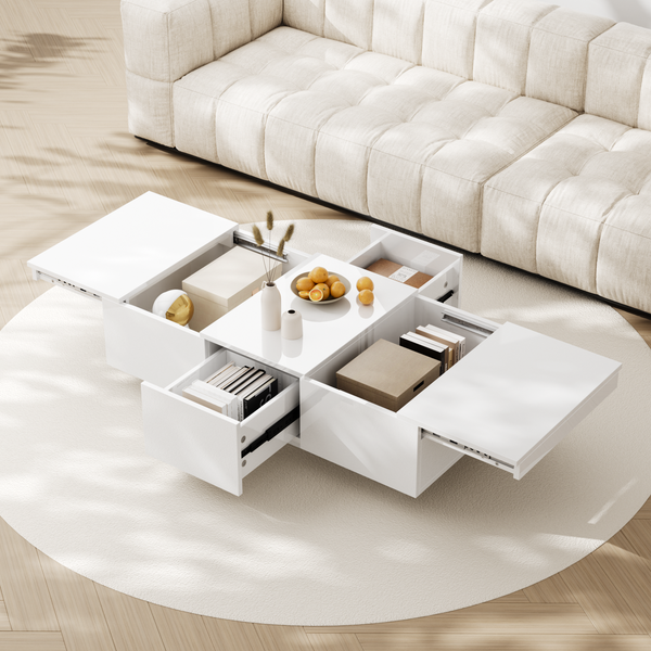 Couchtisch 100 x 50 x 31 cm, weiß Hochglanz, mit verstecktem Stauraum und Schubladen