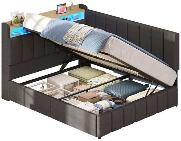 KIMENICH Jugendbett Polsterbett mit LED, Ladestation & Bettkas, Daybett, Schlafsofa (Ohne Matratze), Tagesbett für Schlaf- und Gästezimmer in 140x190 cm
