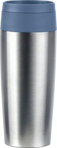Emsa Travel Mug Eco Isolierbecher, 0,36 l, Comfort-Schraubverschluss, Quick-Press, Öko-Design, 100% dicht, hält Getränke 4h warm und 8h kühl, 360°-Rundum-Trinköffnung, Edelstahl/Blau, N2024100
