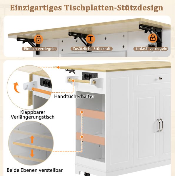 Mobile Kücheninsel mit Rollen & Strom, 131,8x40x93,3 cm, Weiß, ausziehbar Bild 6