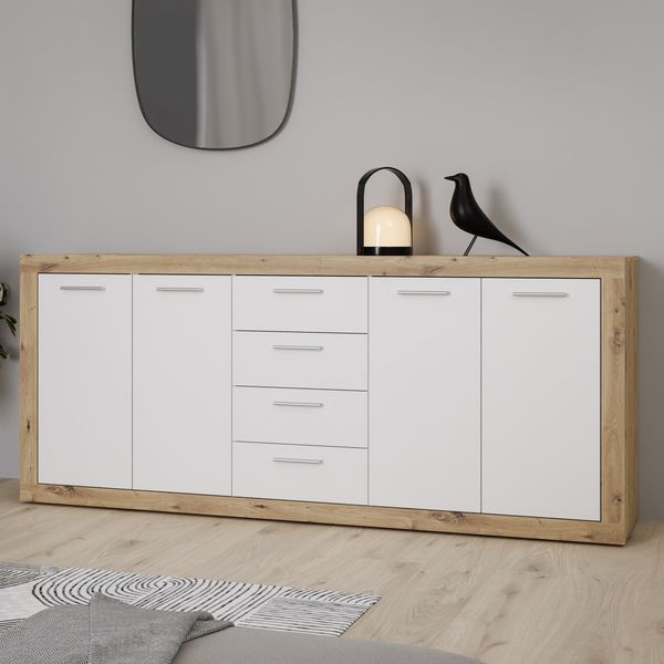 Forte BACCIO Kommode 200, modernes Sideboard mit 4 Schubladen und Türen, Holzwerkstoff, Artisan Eiche Holzdekor | Weiß, 197,1 cm breit x 91,9 cm hoch x 41 cm tief
