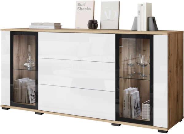 Kommode Clarkoy SB 150 2D3S (Farbe: Wotan / Weiß Hochglanz, mit weißer LED Beleuchtung)