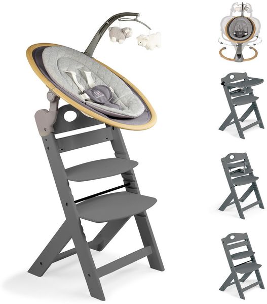 BabyGo Homey-Set Pro Hochstuhl Family inkl. Babywippe & Essbrett wood/ grey