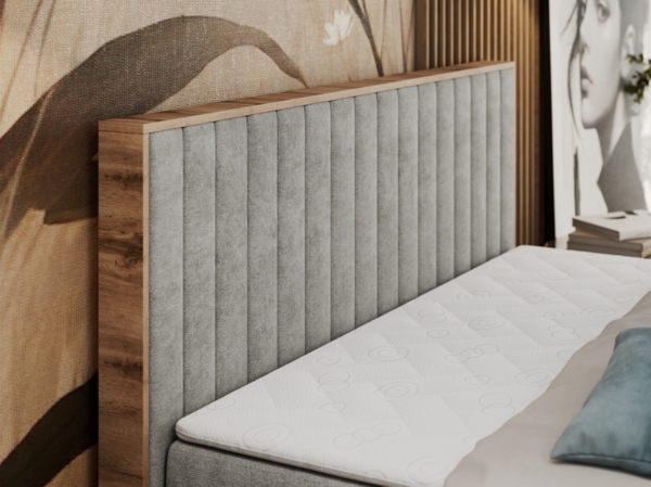 Boxspringbett mit dekorativem Kopfteil und zwei Bettkästen, Eiche Holzrahmen - ALBERO 4 - 160x200 cm - Hellgrau Stoff - H3 Bild 4