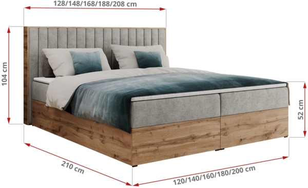 Boxspringbett mit dekorativem Kopfteil und zwei Bettkästen, Eiche Holzrahmen - ALBERO 4 - 160x200 cm - Hellgrau Stoff - H3 Bild 6