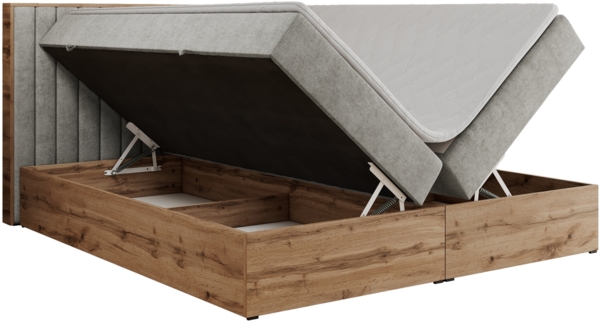 Boxspringbett mit dekorativem Kopfteil und zwei Bettkästen, Eiche Holzrahmen - ALBERO 4 - 160x200 cm - Hellgrau Stoff - H3 Bild 5