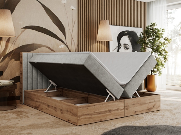Boxspringbett mit dekorativem Kopfteil und zwei Bettkästen, Eiche Holzrahmen - ALBERO 4 - 160x200 cm - Hellgrau Stoff - H3 Bild 3