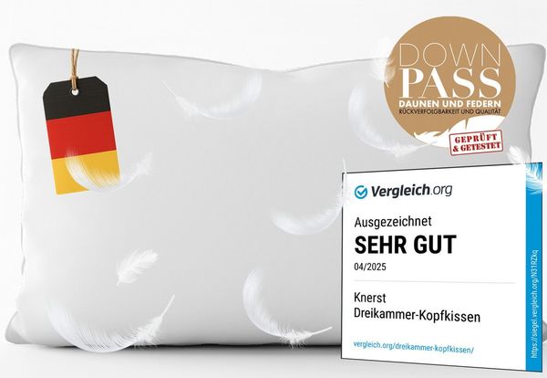 KNERST Daunenkissen 3 Kammer - Luxusqualität, Füllung: 90% Daunen, 10% Federn, Seitenschläfer, Bauchschläfer, Rückenschläfer, Hergestellt in Deutschland, für Allergiker geeignet