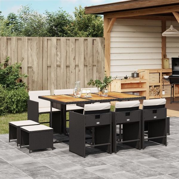 vidaXL 11-tlg. Garten-Essgruppe mit Kissen Schwarz Poly Rattan 3211155
