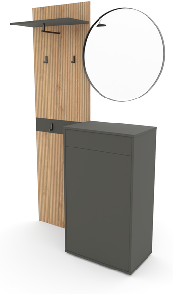 Kompaktgarderobe Salon" mit Spiegel, Schrank, Kleiderhaken und Hutablage, Basalt Grau mit Artisan Eiche"
