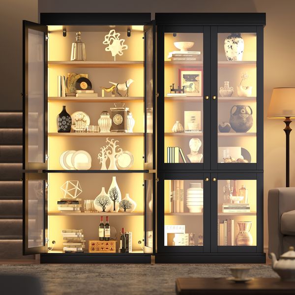 Merax Glasvitrine, (2-teiliges Set) Hochschrank, Standhochschrank mit integrierter LED-Stimmungsbeleuchtung, mit Kippschutz, Schwarz