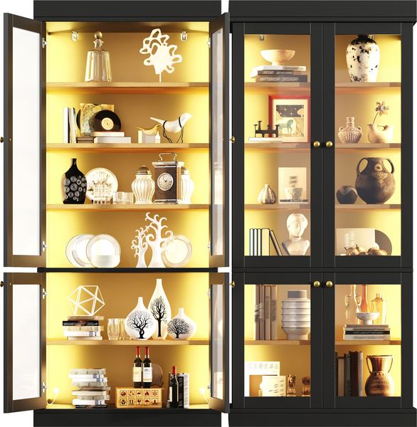 Merax Glasvitrine, (2-teiliges Set) Hochschrank, Standhochschrank mit integrierter LED-Stimmungsbeleuchtung, mit Kippschutz, Schwarz Bild 10