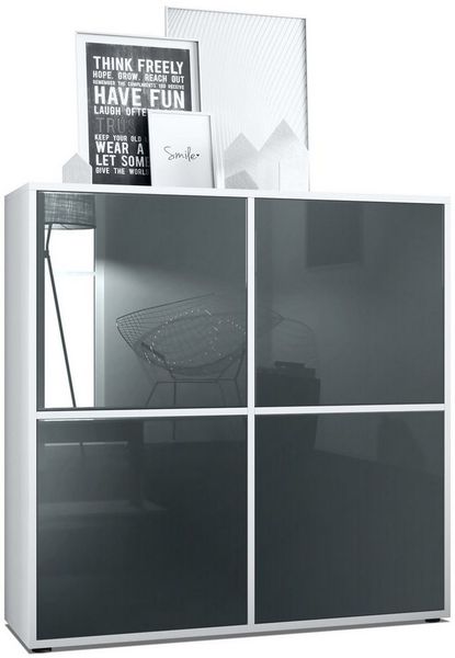Highboard Cuba V2 Schrank 104 x 105,5 x 35,5 cm Sideboard mit 8 Fächern, Korpus in Weiß matt / Fronten in Grau Hochglanz
