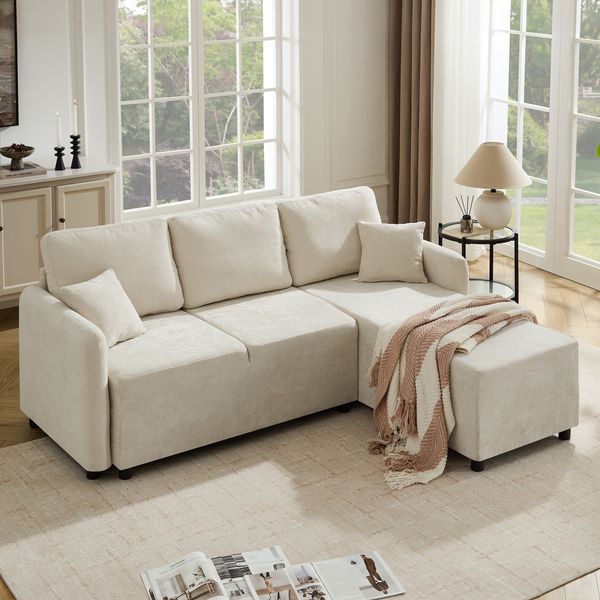Flieks 3-Sitzer L-Form Ecksofa, Sofa mit langer Liegefläche, 2 Kissen für Wohnung & Wohnzimmer, 187.5 x 144 x 85.5 cm, Chenille, Beige