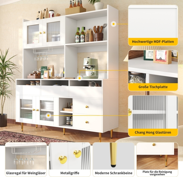 Sideboard Anrichte Buffet Weiß Schrank mit Changhong Glastür und Weinregal,mit Schubladen Metallgriffen und erhöhtem Boden Bild 5