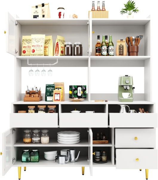 Sideboard Anrichte Buffet Weiß Schrank mit Changhong Glastür und Weinregal,mit Schubladen Metallgriffen und erhöhtem Boden Bild 7