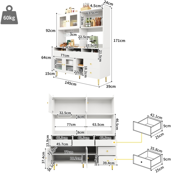 Sideboard Anrichte Buffet Weiß Schrank mit Changhong Glastür und Weinregal,mit Schubladen Metallgriffen und erhöhtem Boden Bild 6