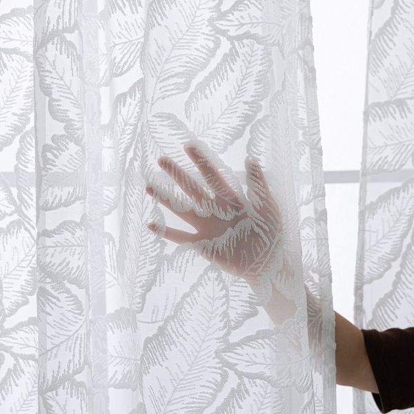 Qelus Gardine Weiss Halbtransparent mit 3D-Blattmuster, Modern Voile Gardinen (2 St), Mehrfach-Aufhängung Sichtschutz Vorhänge für Wohnzimmer & Schlafzimmer