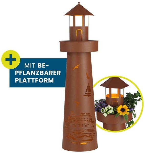 Hoberg Dekosäule LED Pflanzsäule im Leuchtturm Design in Rost-Optik, Mit LED-Beleuchtung, 6h Timer, Plattform individuell bepflanzbar