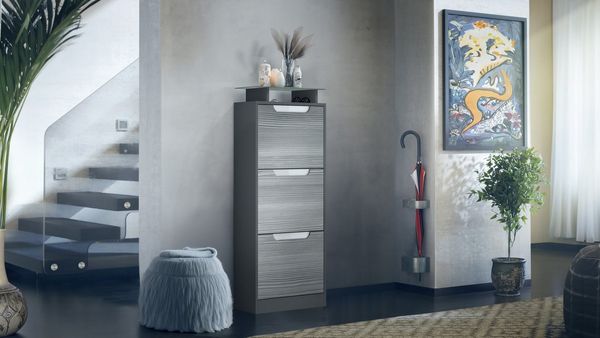 Vladon Schuhschrank Space V2 (Schuhkipper, für 12 Paar Schuhe mit 3 Klappen und Glasablage) Anthrazit matt/Avola-Anthrazit (46 x 128 x 23 cm)