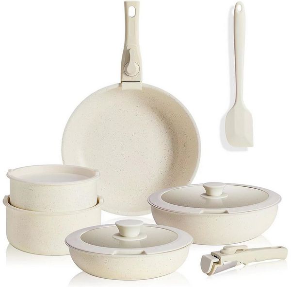 ANYSUN Topf-Set Induktion Pfannenset, Granit-Antihaftbeschichtung (Set, 12-tlg, Bratentopf 20/25 cm,Saute Pan 25 cm, Kochtopf 18/20 cm+ Deckel, Griff), Antihaft Kochgeschirr-Set mit Abnehmbaren Griffen, Stapelbar Topfset
