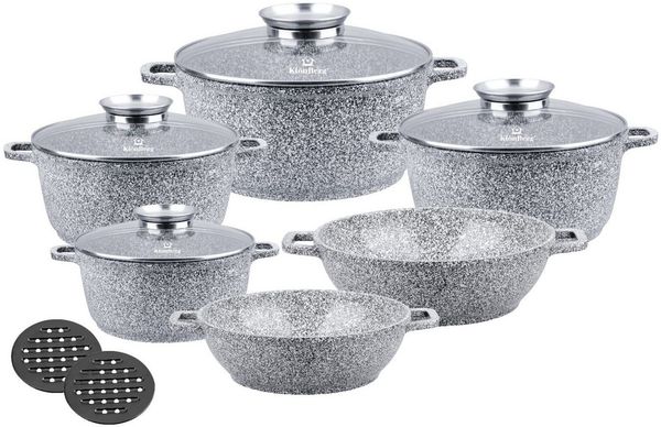 KlönBerg Topf-Set Steintöpfen in verschiedenen Größen mit zwei niedrigen Töpfen, Aluminiumguss, Aluminium, Keramik, Edelstahl (Passt in jede Küche! 1.2L / 2.3L / 2.5L / 4.1L / 4.5L / 6.5L, 12-tlg, Es ist eine perfekte Geschenkidee für jeden Anlass), In...