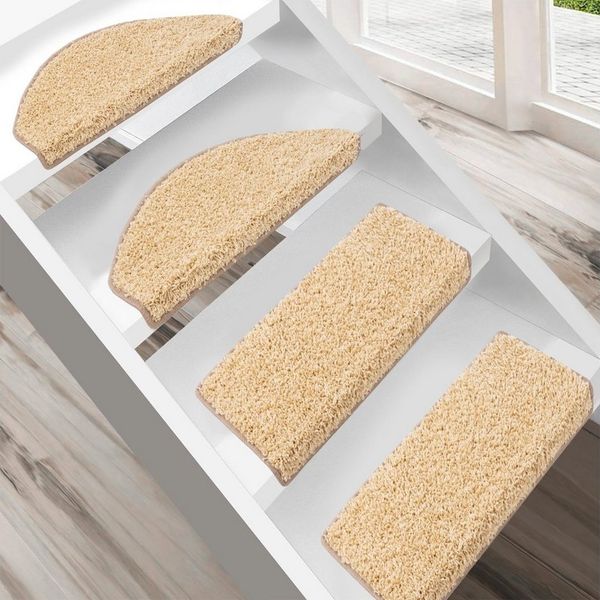 Floordirekt Stufenmatte Shaggy Barcelona mit Klebestreifen, Trittschalldämmung & Pflegeleicht, Halbrund, Höhe: 220 mm, Treppenteppich mit Anti-Rutsch-Beschichtung in Rechteckig & Halbrund