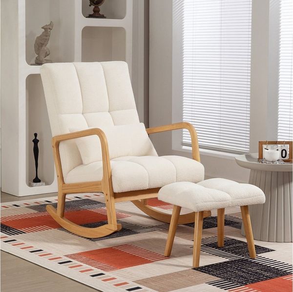 MC Star Schaukelstuhl mit Hocker Schaukelsessel mit Fleece-Bezug, Armlehnen (Holzkufen, Gepolstert Schwingsessel Relaxsessel Stillsessel für Wohnzimmer, Schlafzimmer Weiß)