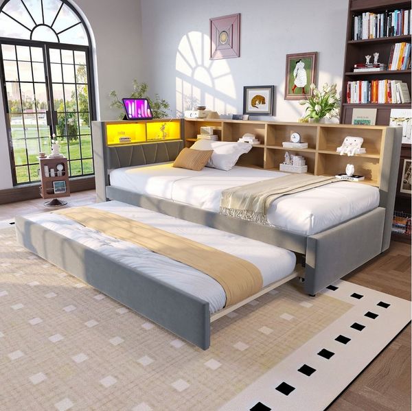 Merax Daybett mit LED Beleuchtung, Steckdose & USB/Typ-C-Anschluss (Schlafsofa Sofabett Jugendbett Kinderbett Polsterbett aus Flanell, 1 tlg), Tagesbett 90x200cm mit Ausziehbett 90x190cm, Stauraum & Staufächern
