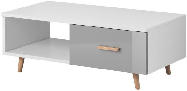 Domando Couchtisch Terni Skandinavisch für Wohnzimmer Breite 110cm, Holzfüße, Hochglanz, Weiß Matt und Grau Hochglanz