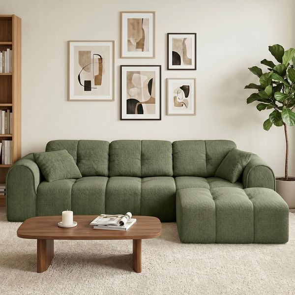 skølm 'Vanaheim' Sofa 3 Sitzer mit Hocker & 2 Kissen, Cloud Sofa dunkelgrün, Vollschaumcouch mit Federkern und Vakuum-Kompression, kein Aufbau erforderlich