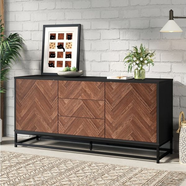 Merax Sideboard mit Kippschutz, verstellbaren Böden & Füßen (Anrichte in Holzoptik und Schwarz, 1 St, 145×40×67 cm), Kommode mit 3 Schubladen, 2 Türen & Metallrahme